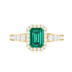Certified Emerald Cut Lab Grown Emerald Vintage Inspired Engagement Ring with Moissanite