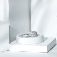 Round Certified Moissanite Wedding Ring Set with Halo