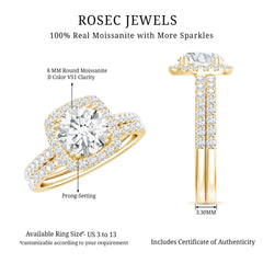 Round Certified Moissanite Wedding Ring Set with Halo