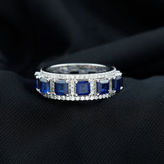 Lab Grown Blue Sapphire Wedding Band with Moissanite Accent