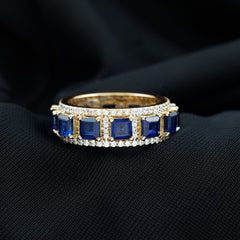 Lab Grown Blue Sapphire Wedding Band with Moissanite Accent