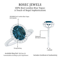 8X10mm Oval Cut London Blue Topaz Oblong Engagement Ring with Diamond Halo