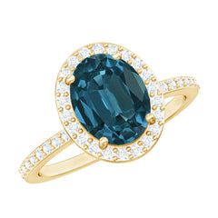 8X10mm Oval Cut London Blue Topaz Oblong Engagement Ring with Diamond Halo