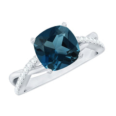 8mm Cushion Cut London Blue Topaz Solitaire Engagement Ring with Diamond Crossover Shank