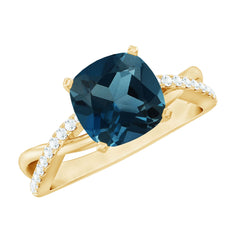 8mm Cushion Cut London Blue Topaz Solitaire Engagement Ring with Diamond Crossover Shank