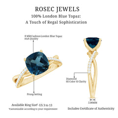 8mm Cushion Cut London Blue Topaz Solitaire Engagement Ring with Diamond Crossover Shank