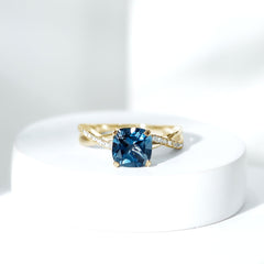 8mm Cushion Cut London Blue Topaz Solitaire Engagement Ring with Diamond Crossover Shank