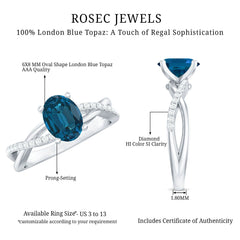 6X8mm Oval Cut London Blue Topaz Solitaire Engagement Ring with Diamond Spiral Shank