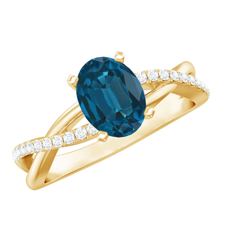 6X8mm Oval Cut London Blue Topaz Solitaire Engagement Ring with Diamond Spiral Shank