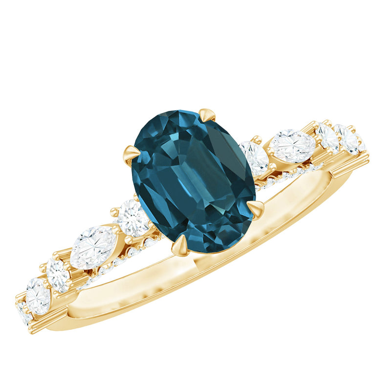 6X8mm Oval Cut London Blue Topaz Vintage Engagement Ring with Real Diamond