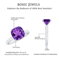 Cushion Cut Amethyst Solitaire Engagement Ring with Diamond