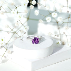Cushion Cut Amethyst Solitaire Engagement Ring with Diamond