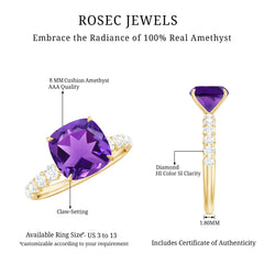 Cushion Cut Amethyst Solitaire Engagement Ring with Diamond