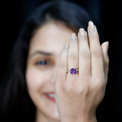 Cushion Cut Amethyst Solitaire Engagement Ring with Diamond