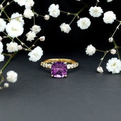 Cushion Cut Amethyst Solitaire Engagement Ring with Diamond
