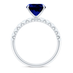 Classic 2.75 Carat Lab Grown Blue Sapphire Cushion Cut Engagement Ring with Diamond