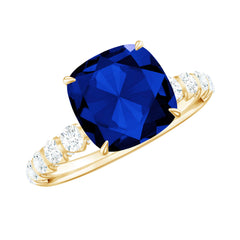Classic 2.75 Carat Lab Grown Blue Sapphire Cushion Cut Engagement Ring with Diamond