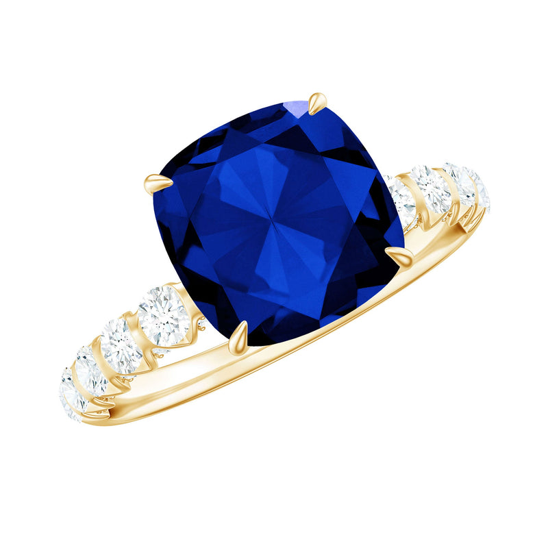 Classic 2.75 Carat Lab Grown Blue Sapphire Cushion Cut Engagement Ring with Diamond