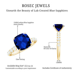 Classic 2.75 Carat Lab Grown Blue Sapphire Cushion Cut Engagement Ring with Diamond