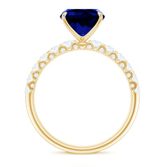 Classic 2.75 Carat Lab Grown Blue Sapphire Cushion Cut Engagement Ring with Diamond