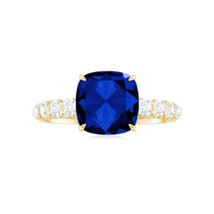 Classic 2.75 Carat Lab Grown Blue Sapphire Cushion Cut Engagement Ring with Diamond
