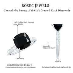 Cushion Cut Created Black Diamond and Diamond Solitaire Ring