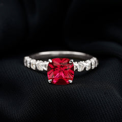 Cushion Cut Lab Grown Ruby Solitaire Ring with Diamond