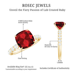 Cushion Cut Lab Grown Ruby Solitaire Ring with Diamond