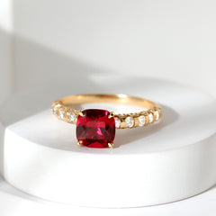 Cushion Cut Lab Grown Ruby Solitaire Ring with Diamond