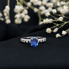 Certified 1.5 Carat Oval Lab Grown Blue Sapphire Engagement Ring with Diamond