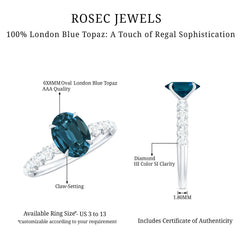 6X8mm Oval Cut London Blue Topaz Solitaire Engagement Ring with Diamond Side Stones