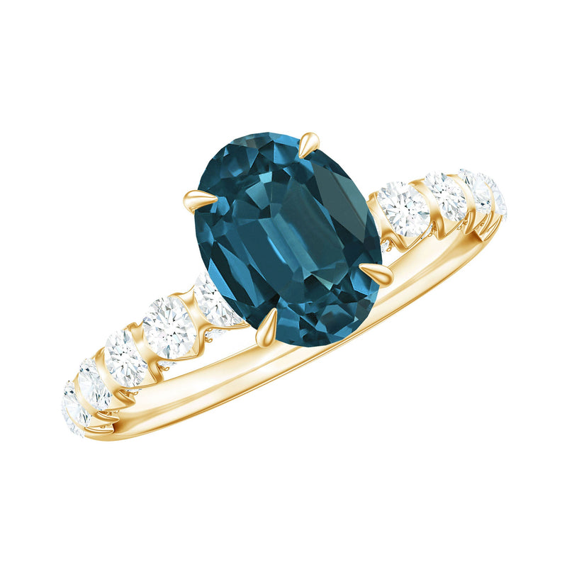 6X8mm Oval Cut London Blue Topaz Solitaire Engagement Ring with Diamond Side Stones
