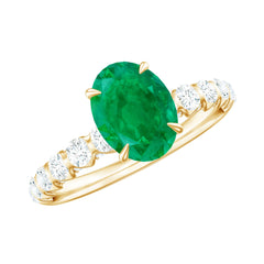 Natural 6X8mm Emerald Oval Engagement Ring with Diamond Side Stones
