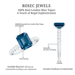 6X8mm Emerald Cut London Blue Topaz Engagement Ring with Diamond Side Stones