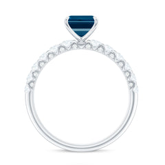 6X8mm Emerald Cut London Blue Topaz Engagement Ring with Diamond Side Stones