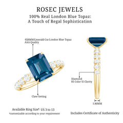 6X8mm Emerald Cut London Blue Topaz Engagement Ring with Diamond Side Stones