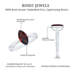 Natural Solitaire Garnet Marquise Engagement Ring with Diamond