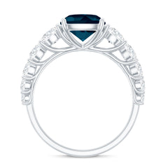 8mm Cushion Cut London Blue Topaz Solitaire Engagement Ring with Moissanite Side Stones