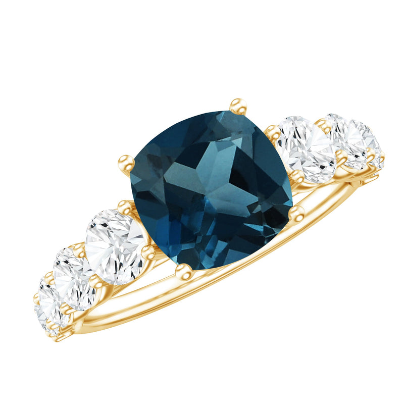 8mm Cushion Cut London Blue Topaz Solitaire Engagement Ring with Moissanite Side Stones
