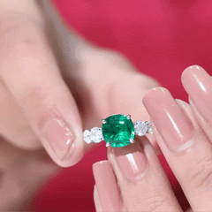 Lab Grown Emerald 8 MM Cushion Engagement Ring with Moissanite Side Stones