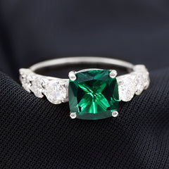 Lab Grown Emerald 8 MM Cushion Engagement Ring with Moissanite Side Stones