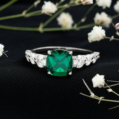 Lab Grown Emerald 8 MM Cushion Engagement Ring with Moissanite Side Stones