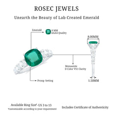 Lab Grown Emerald 8 MM Cushion Engagement Ring with Moissanite Side Stones