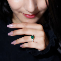 Lab Grown Emerald 8 MM Cushion Engagement Ring with Moissanite Side Stones
