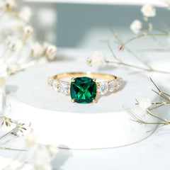 Lab Grown Emerald 8 MM Cushion Engagement Ring with Moissanite Side Stones