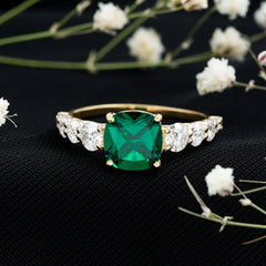 Lab Grown Emerald 8 MM Cushion Engagement Ring with Moissanite Side Stones