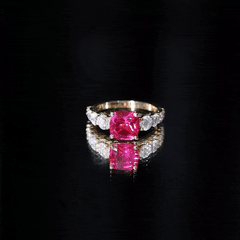 Asscher Cut Created Ruby Solitaire Ring with Moissanite Side Stones