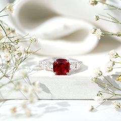 Asscher Cut Created Ruby Solitaire Ring with Moissanite Side Stones