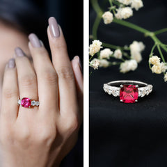 Asscher Cut Created Ruby Solitaire Ring with Moissanite Side Stones