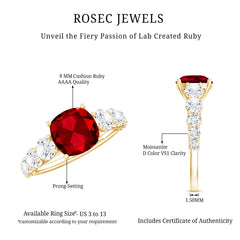 Asscher Cut Created Ruby Solitaire Ring with Moissanite Side Stones